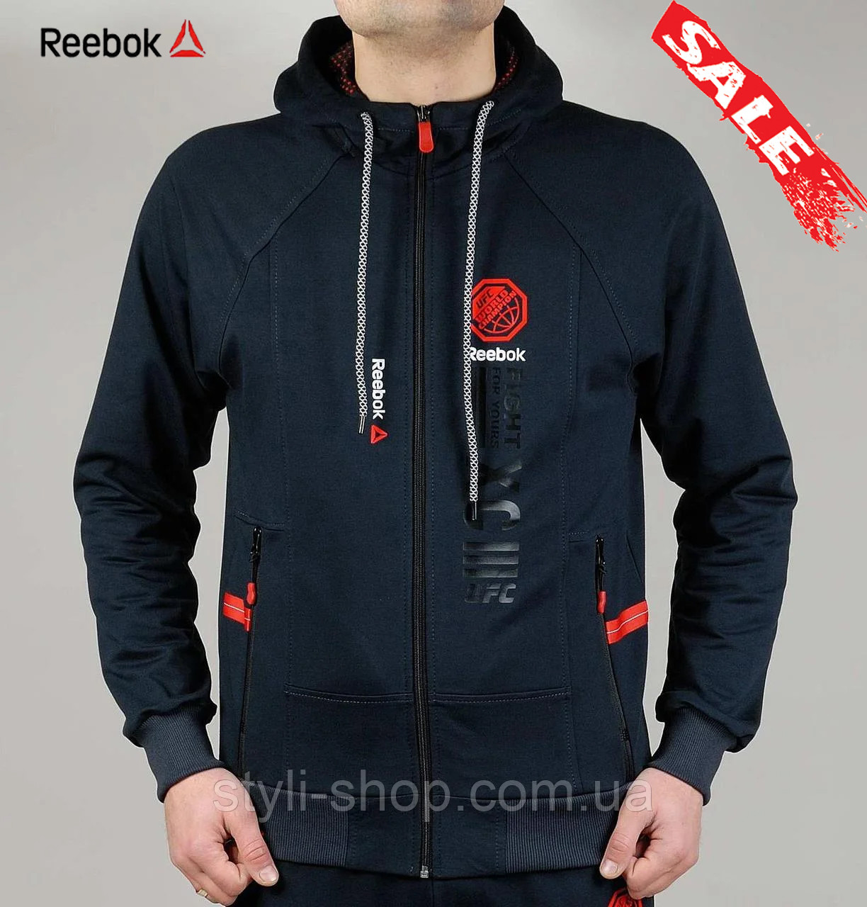 

Мужская спортивная демисезонная кофта Reebok (Рибок) Fighting (reebok-fighting-2), трикотаж, Темно серый