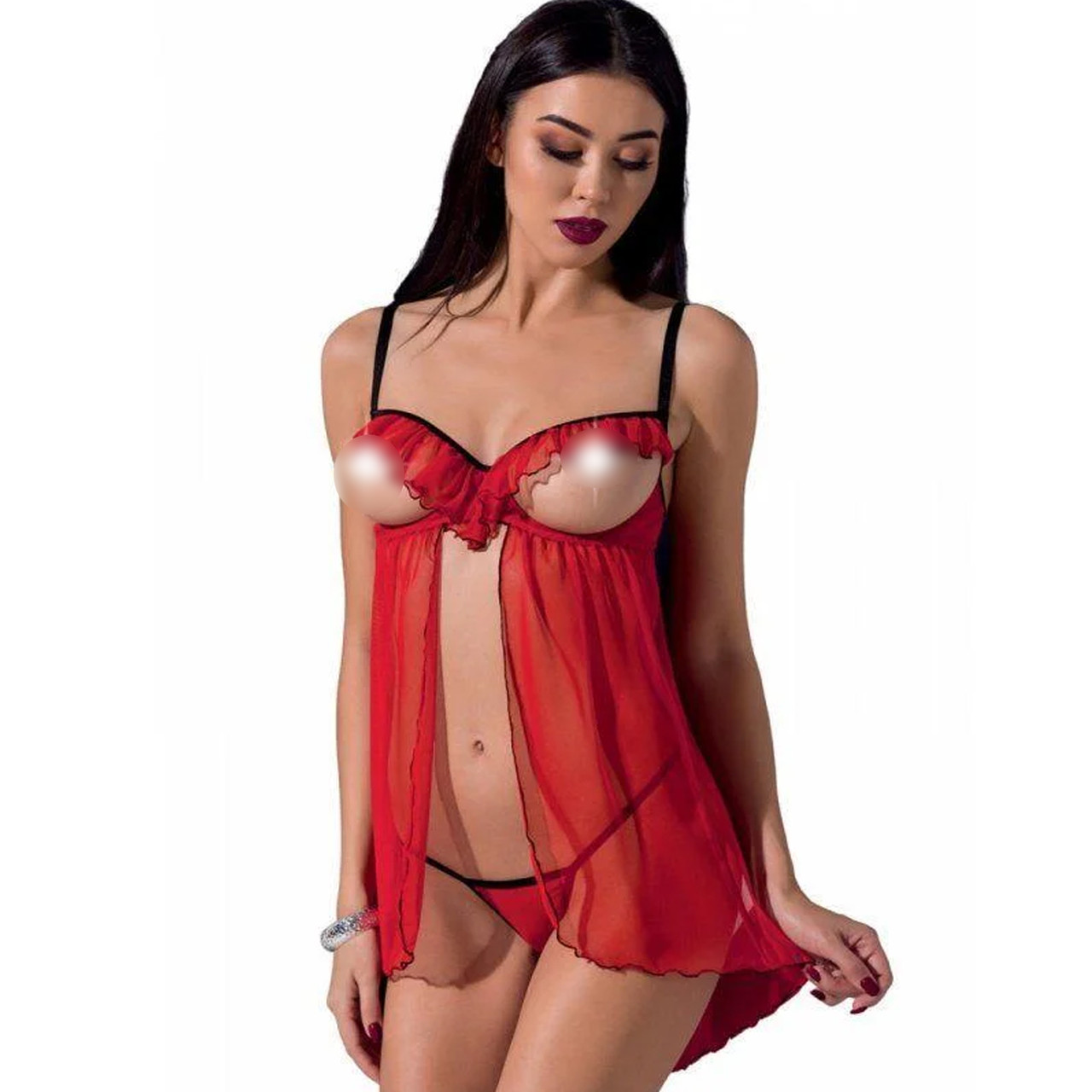 

Прозрачный пеньюар с открытой грудью CHERRY CHEMISE red XXL/XXXL - Passion Exclusive, трусики