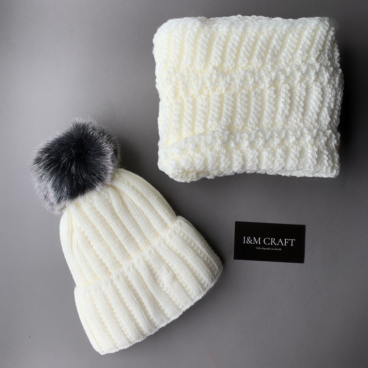 Комплект Жіночий в'язаний шарф + шапка білий (090504)