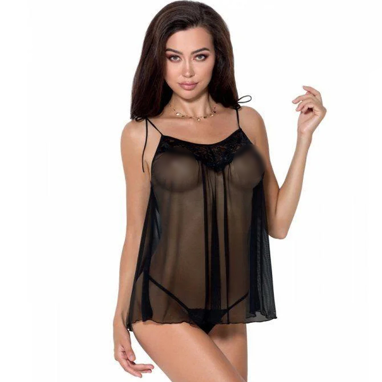 

Сорочка прозрачная беби долл MELANIA CHEMISE black S/M - Passion, трусики, на тонких бретелях