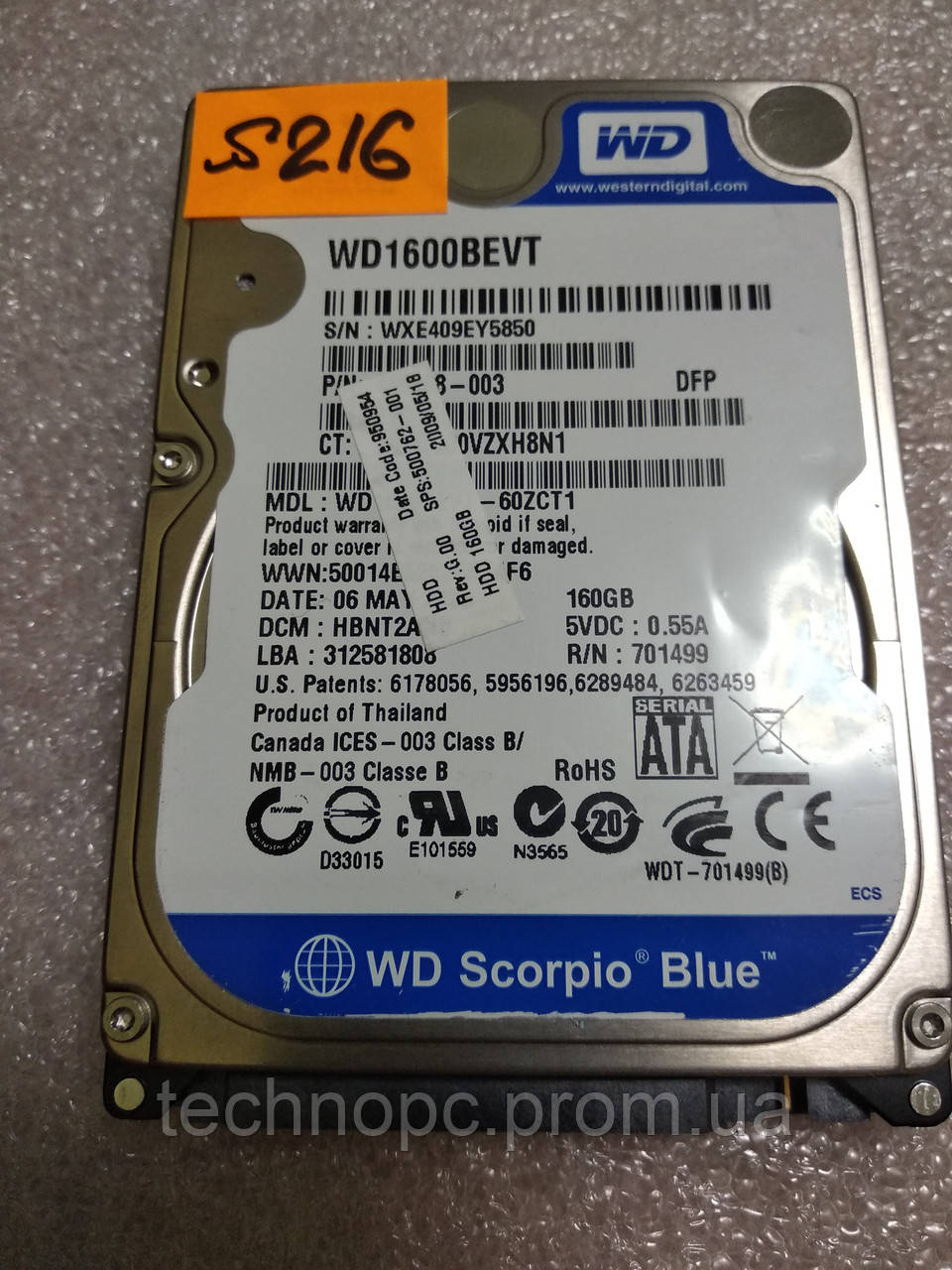 Жесткий диск HDD для ноутбука 160GB Western Digital Blue №216