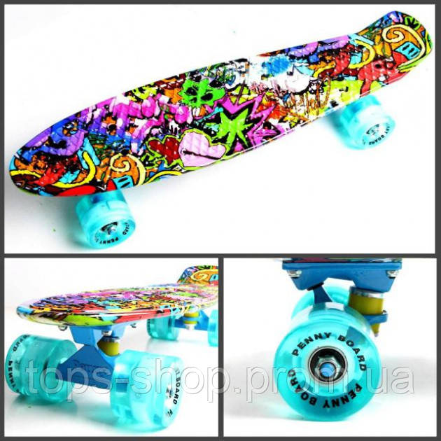 

Скейт Penny Board, с широкими светящимися колесами Пенни борд, детский , от 4 лет, расцветка Hip-Hop, Разные цвета