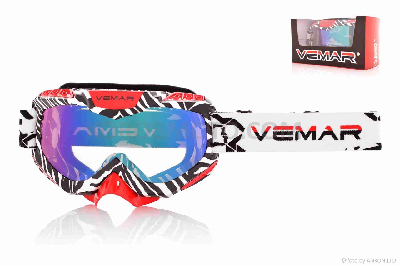 

Очки кроссовые "VEMAR" #VM-1016C/#P024, зебра+красный, визор тонированный
