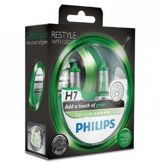 

Лампа галогенная Philips H7 ColorVision Green, 3350K, 2шт/блистер 12972CVPGS2