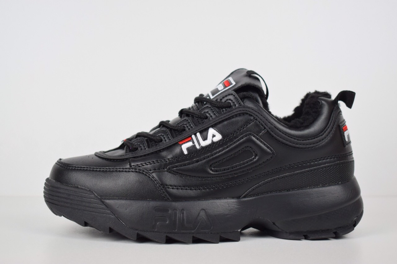 

Кроссовки женские зимние Fila Disruptor 2 черные, Фила Дизраптор, кожа, мех, код OD-3436, Черный