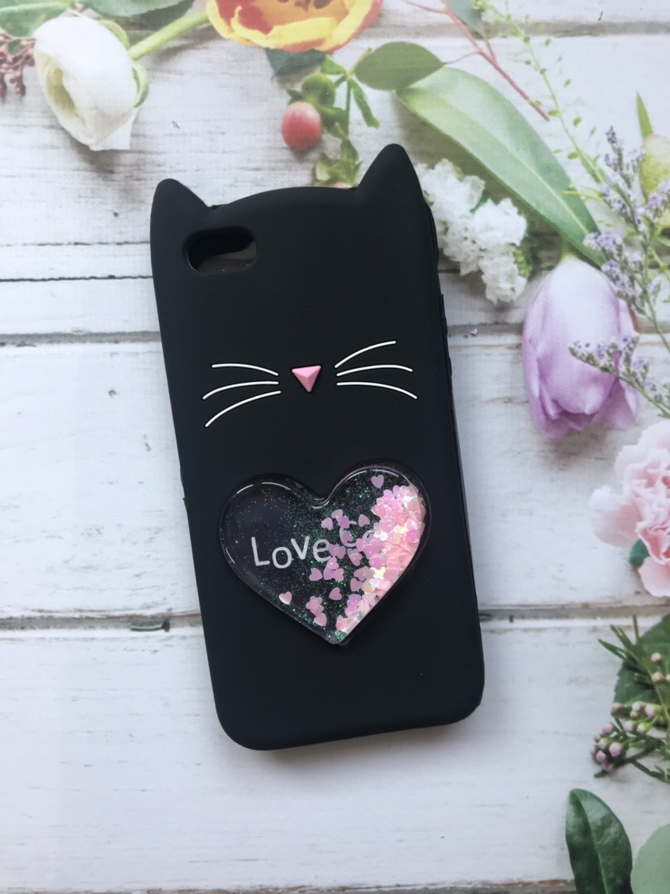 

Чехол силиконовый 3D Case с переливающимися блёстками для iPhone 5/5s Кот чёрный, Черный