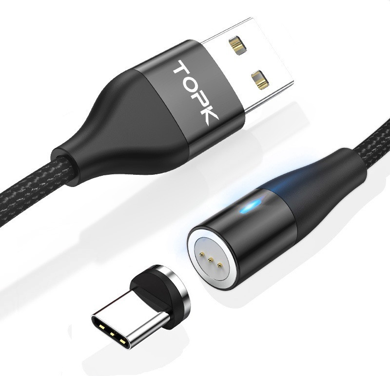 TOPK AM60! Магнитный USB кабель 360° быстрая зарядка QC3.0 - 3 Ампер+ передача данных. Разьем Type C Черный
