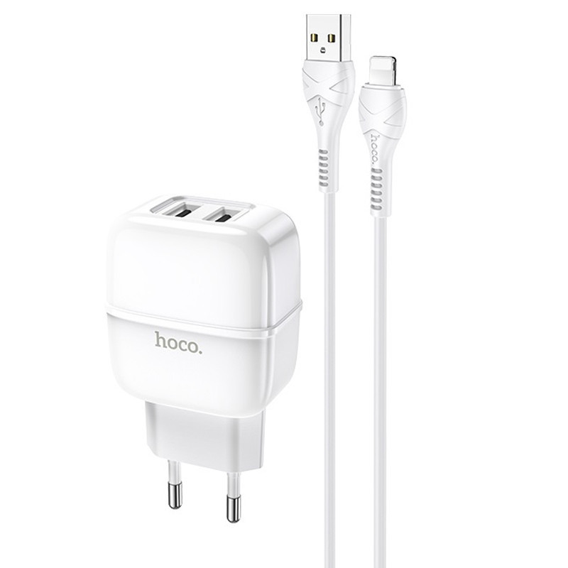 

Зарядка на телефон (сетевая) юсб СЗУ Hoco C77A (2USB/2.4A) + Lightning Белый