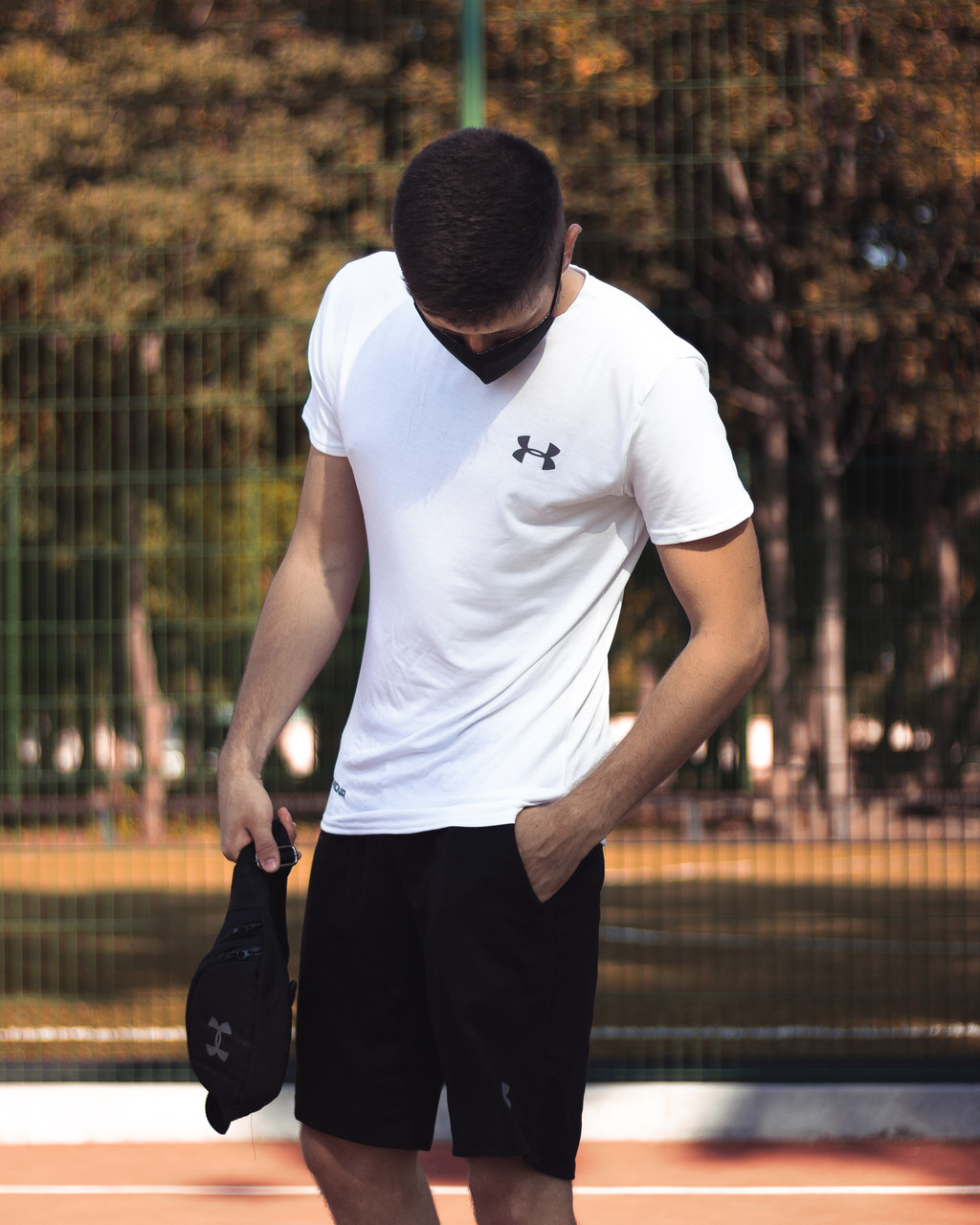 

Мужской летний комплект в стиле Under Armour черный c белым M XL