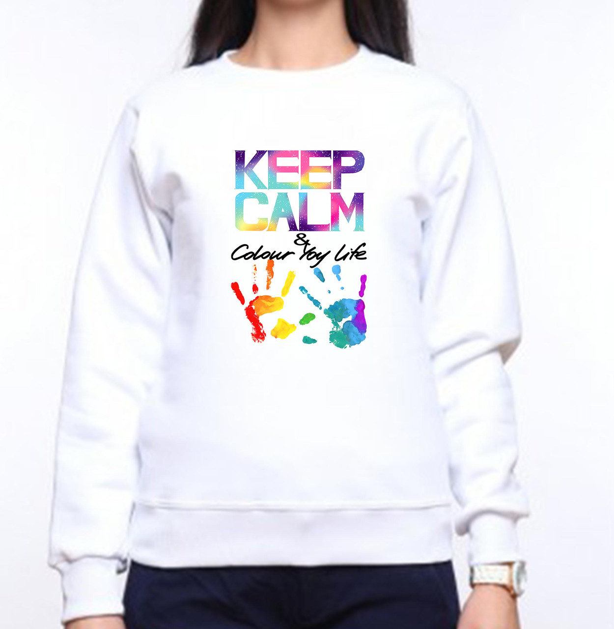 

Женский свитшот с принтом Ладошки "KEEP CALM & Color you life" Push IT XS, Белый M