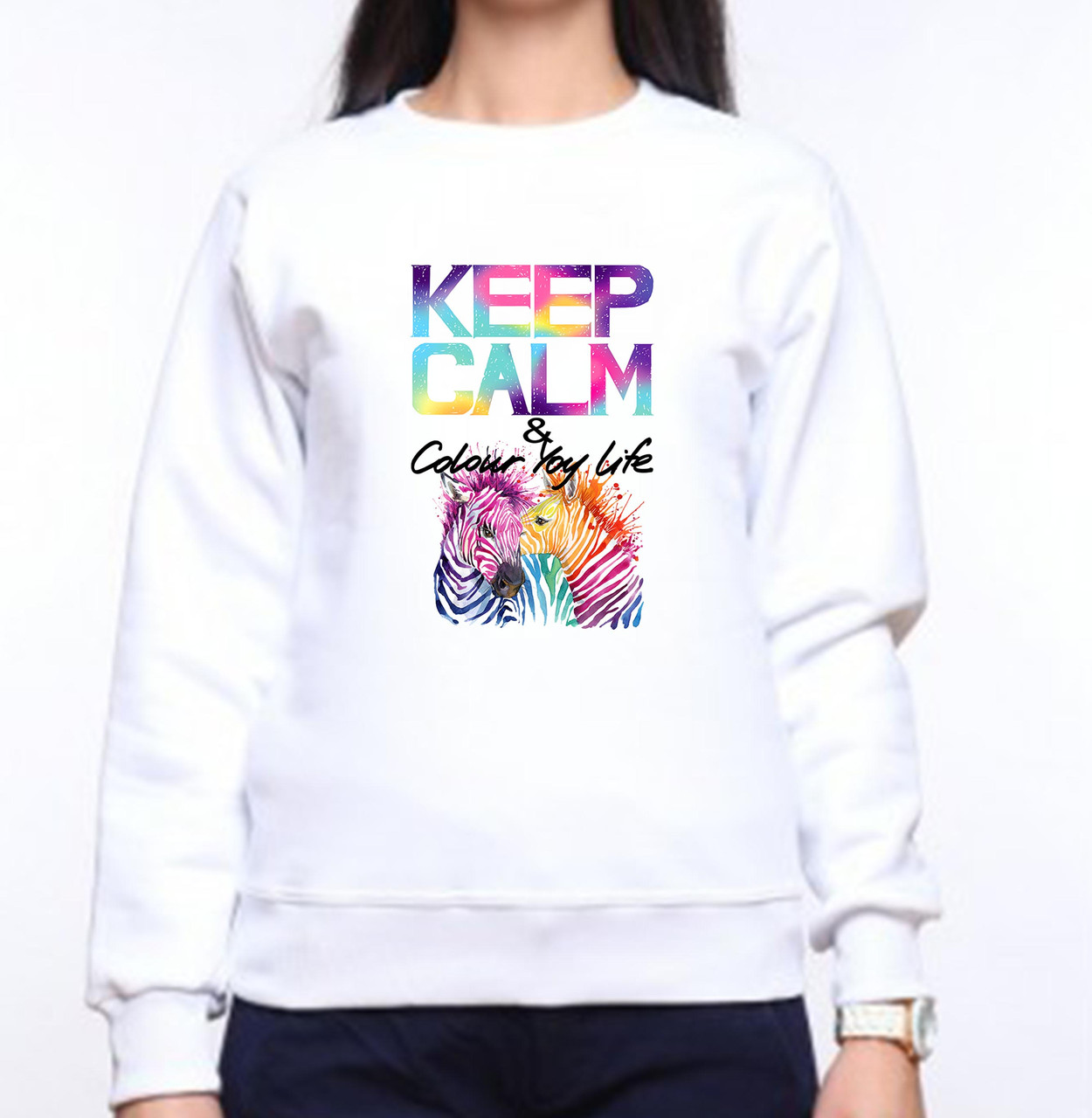 

Женский свитшот с принтом Зебры "KEEP CALM & Color you life" 2 Push IT XS, Белый S
