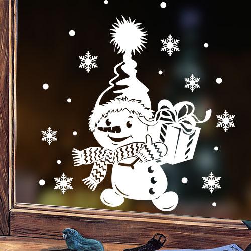 

Новогодняя виниловая наклейка на окно или стены Снеговик с подарком и снежинками матовая, сніговик 500x700 мм, сніжинки 68x77 мм, Разные цвета