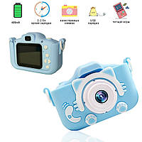 Гипоаллергенный цифровой фотоаппарат с дисплеем и играми  Smart Kids Камера для детей Кошечка Голубой, фото 1