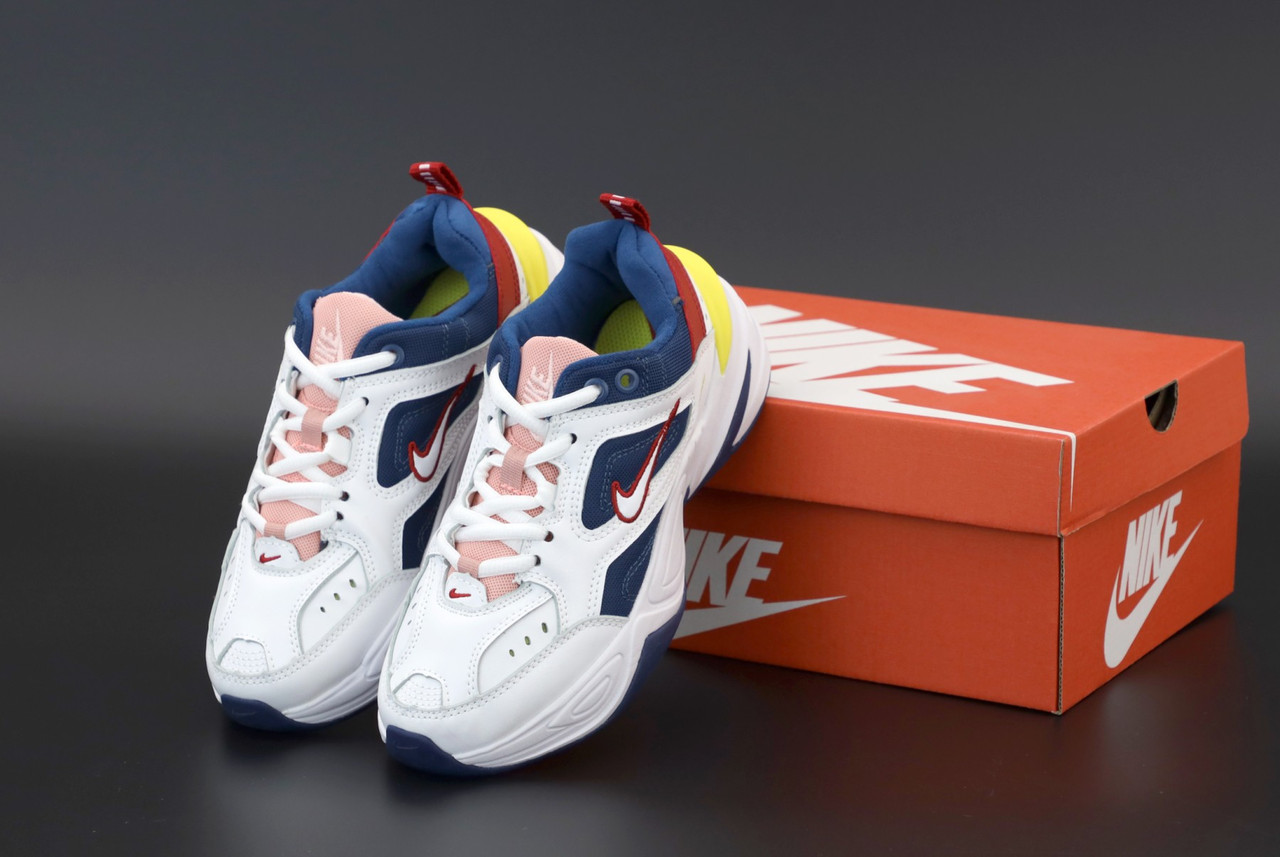 

Кроссовки женские Найк М2К Текно белые с синим желтым и розовым. Nike M2K Tekno стильные кроссы для девушек., Белый