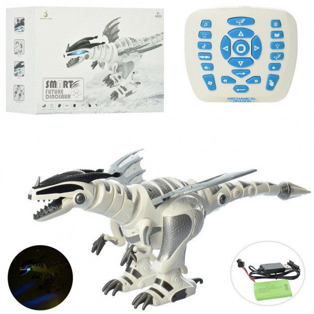 

Игрушка Робот Динозавр интерактивный на радиоуправлении 30368 аккумулятор USB зарядное звук свет ходит 65 см, Белый