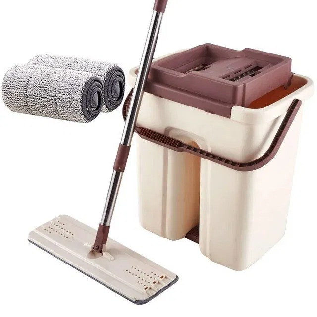 Швабра с отжимом и ведром Scratch Cleaning Mop бежево-коричневая, плос