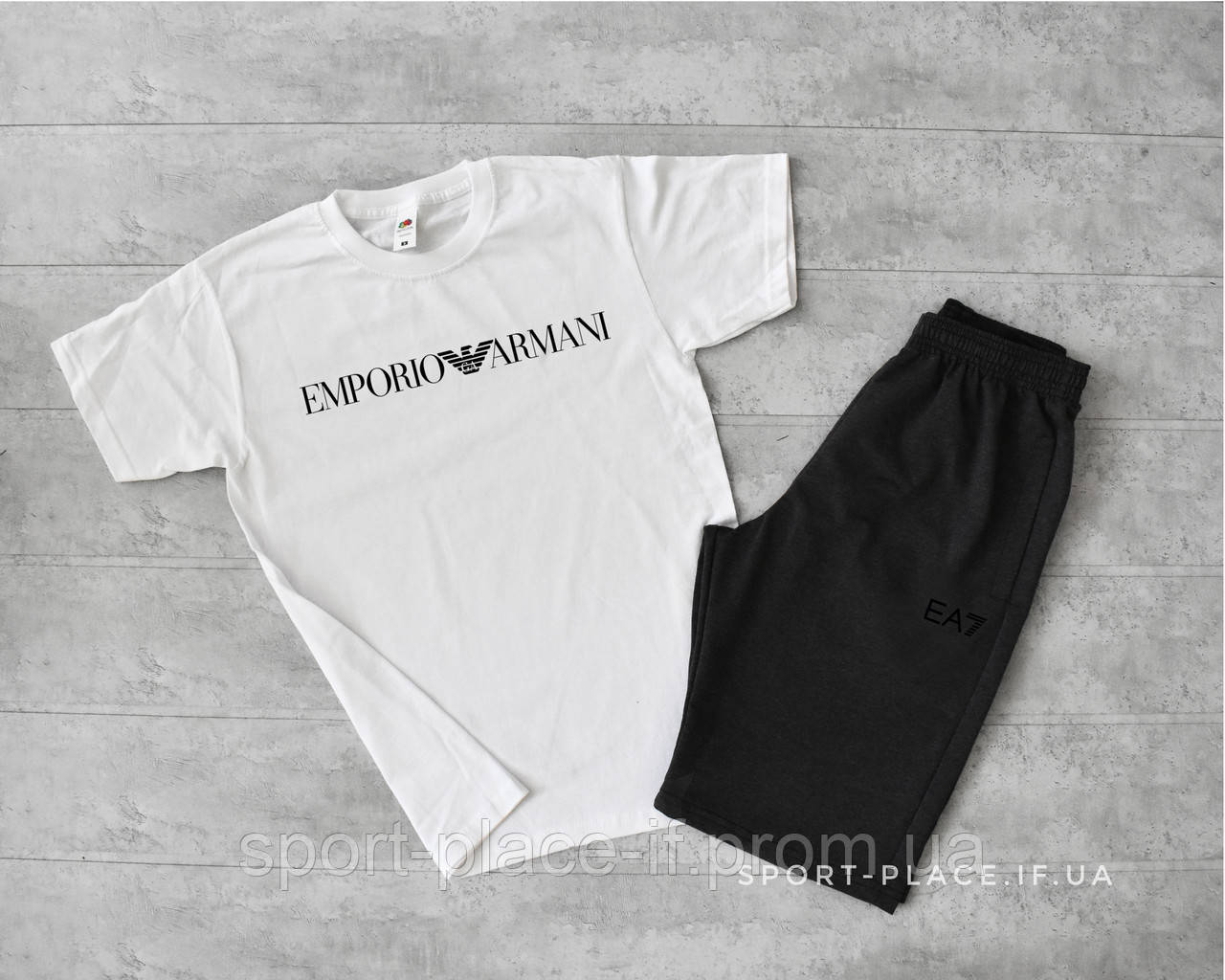 

Летний комплект шорты и футболка Emporio Armani (белая футболка , темно серые шорты) большое лого XL, 52, Белый