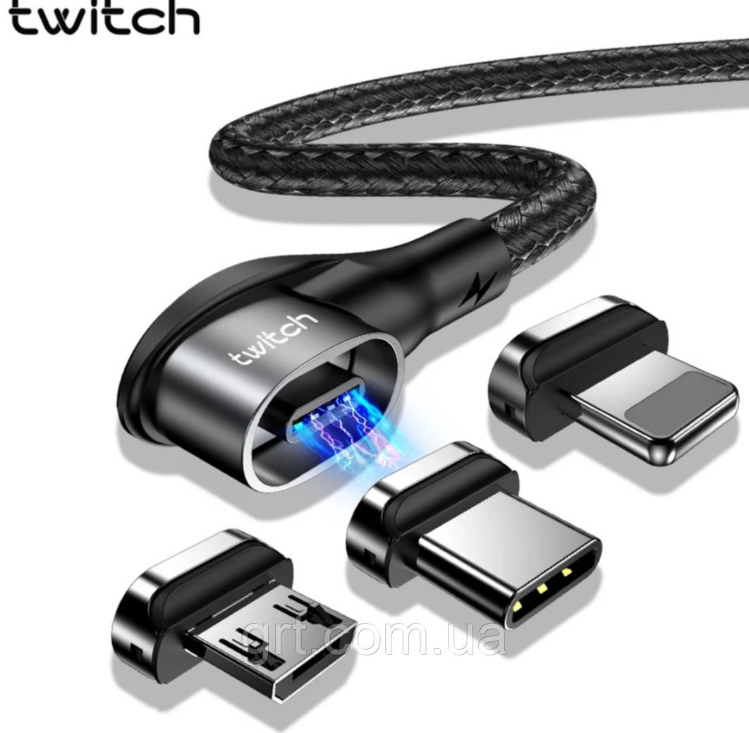 

Кабель USB магнитный угловой Тwitch 90° с коннектором Lightning iPhone. 1 метр., Чёрный