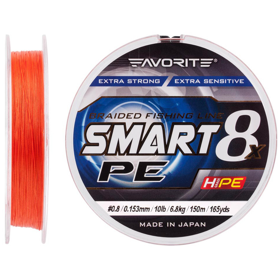 

Шнур Favorite Smart PE 8x 150м (red orange) #0.8/0.153mm 10lb/6.8kg, Красный