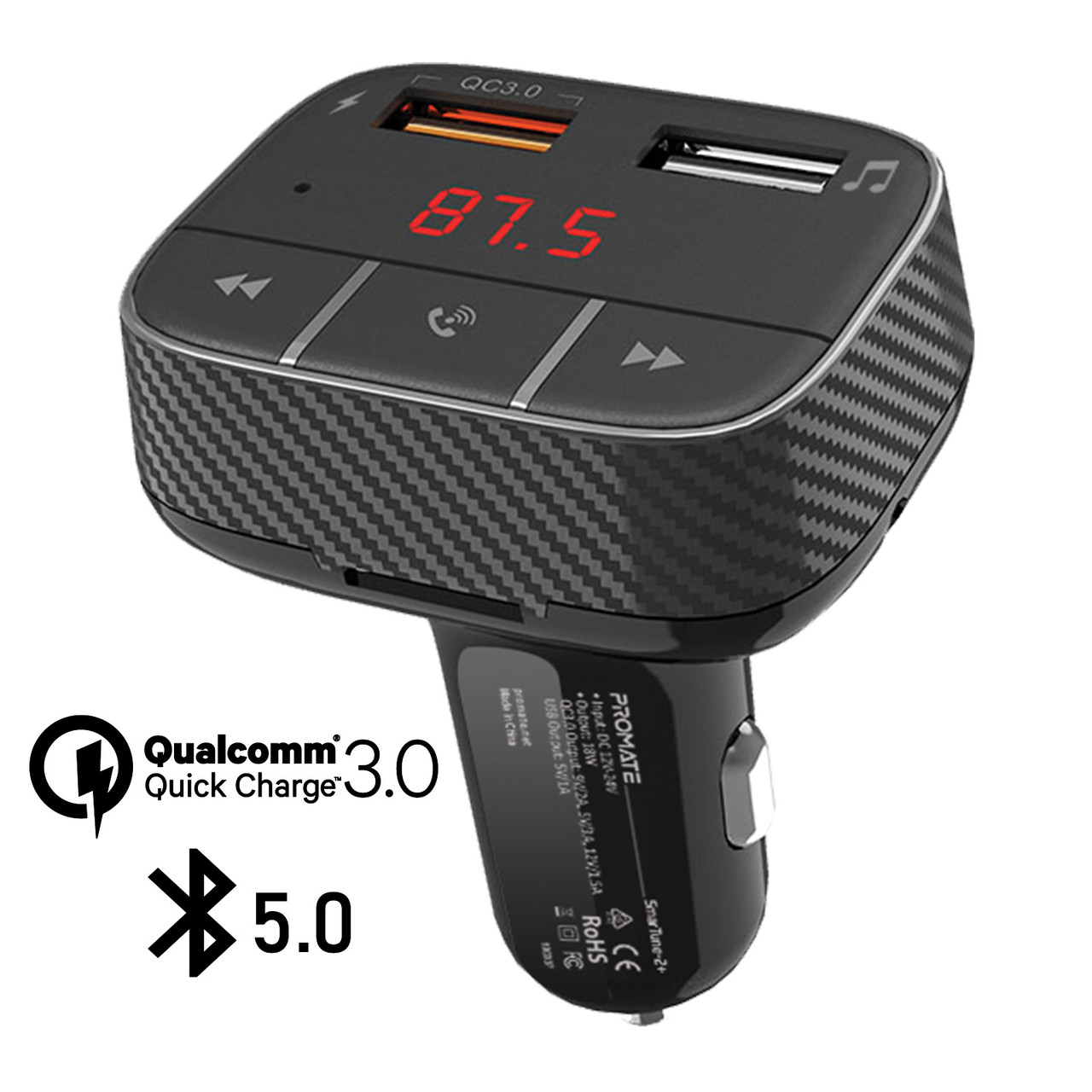 

Quick Charge 3.0 AUX/SD/USB BT 5.0 FM-трансмиттер Promate SmarTune-2+ Black