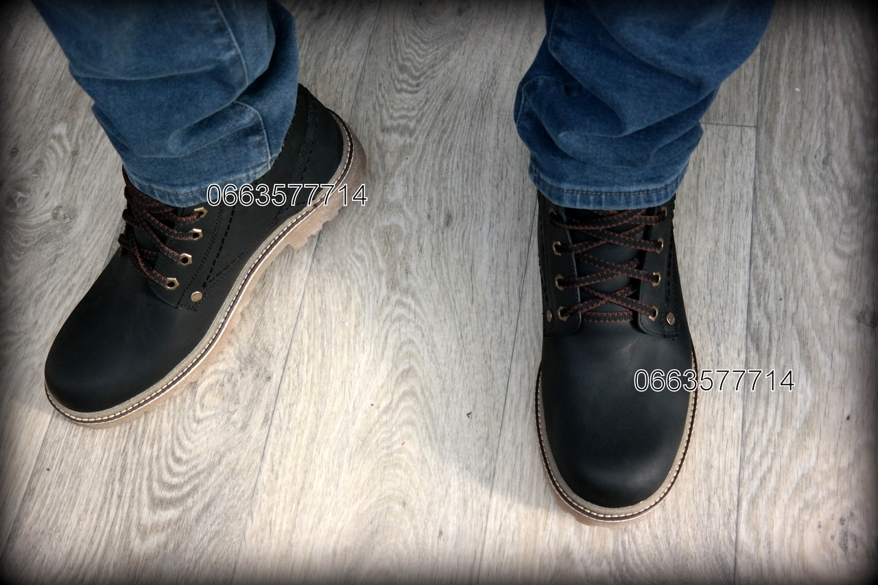 

Чоловічі зимові черевики шкіряні Кожаные Мужские зимние ботинки полиуретановая подошва, Черный