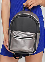 Молодежный серебристый городской рюкзак женский, для девочки подростка эко-кожа черный - серебряный металлик