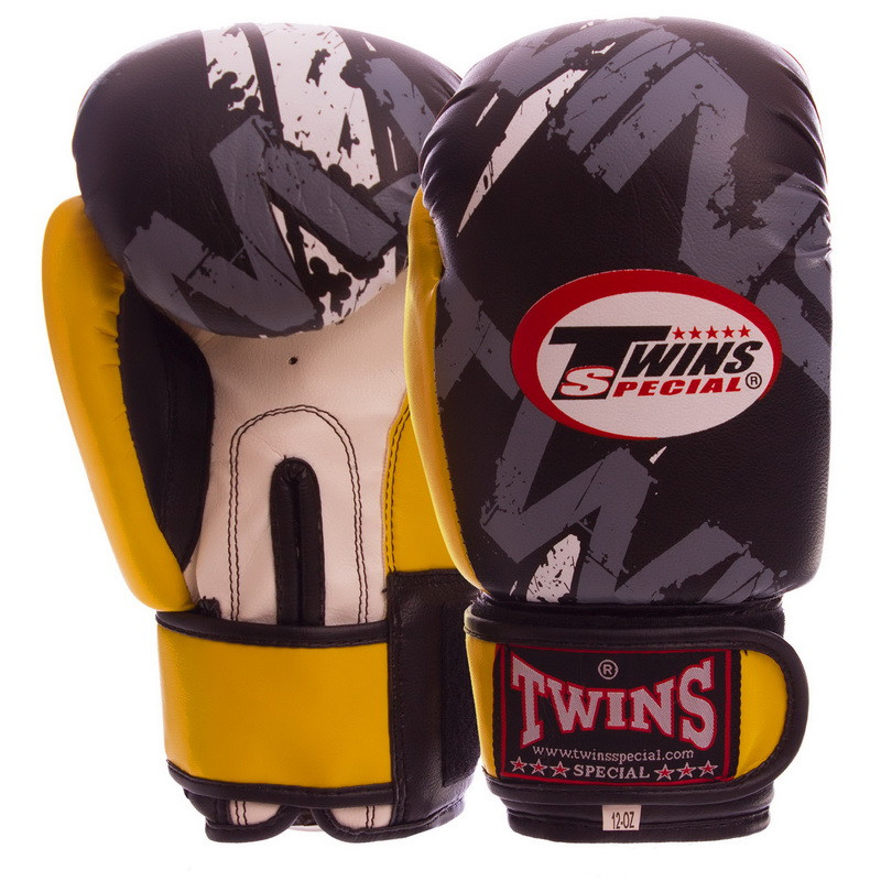 

Боксерские перчатки на липучке PVC TWINS TW-2206 черно-желтые, 6 унций, Желтый
