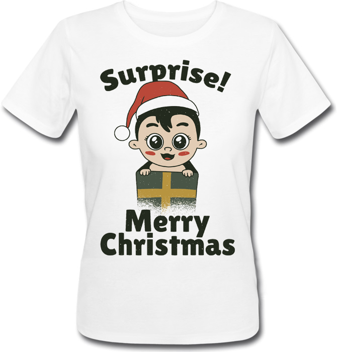 

Женская футболка "Surprise! Merry Christmas" (белая) XL, Белый