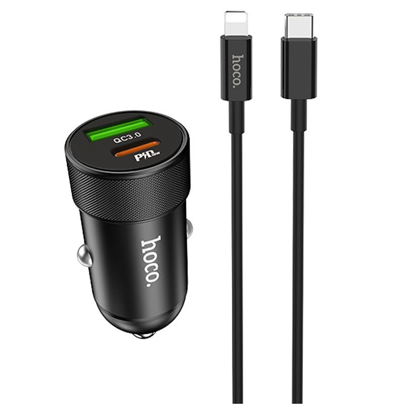 

Автомобильная зарядка Hoco Z32B PD+QC3.0 (1USB/18W/4.5A) + Type-C to lightning