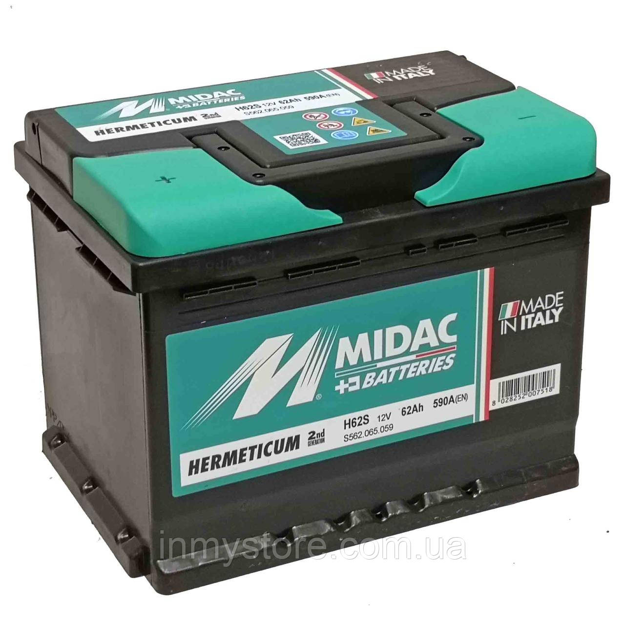 

Аккумулятор 6СТ-62A MIDAC HERMETICUM, 12V, 62Ah (+/-), Мидак Герметикум, 12В, 62Ач, EN590А