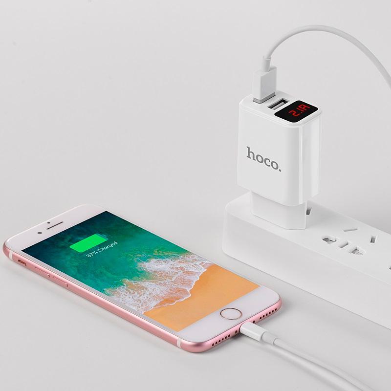 

Зарядное устройство 2USB Hoco C63A LCD White (2.1A)