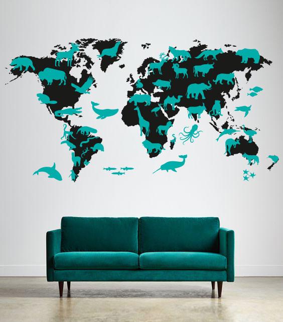 Виниловая наклейка Карта мира с животными (животные на карте рыбы материки планета) матовая 2000х1050 мм, Разные цвета