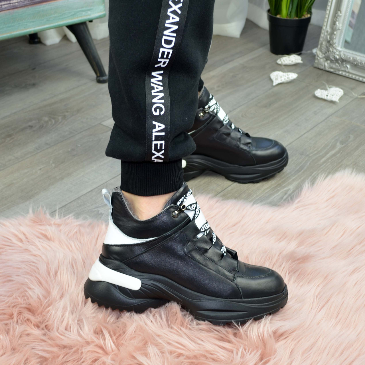 Ботинки женские кожаные спортивного стиля, цвет черный/белый, фото 5
