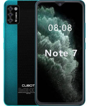 Смартфон Cubot Note 7 2/16Gb Green, 13+0.3+0.3/8Мп, 2 SIM, 5.2" IPS, 4 ядер, 3100 мАч, 4G, Android 10