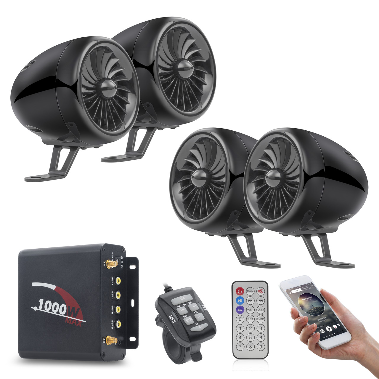 

Стерео система мото GoHawk TJ4-R Amplificador 6.0 (250W хром, МР3 / USB / SD), мото колонки мото радио чорний