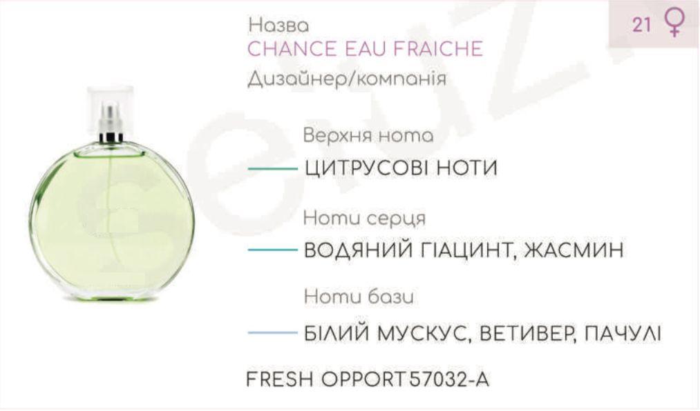 

Парфюмерный концентрат (0,5 кг) FRESH OPPORT (аналог C****L-CHANCE EAU FRAICHE )