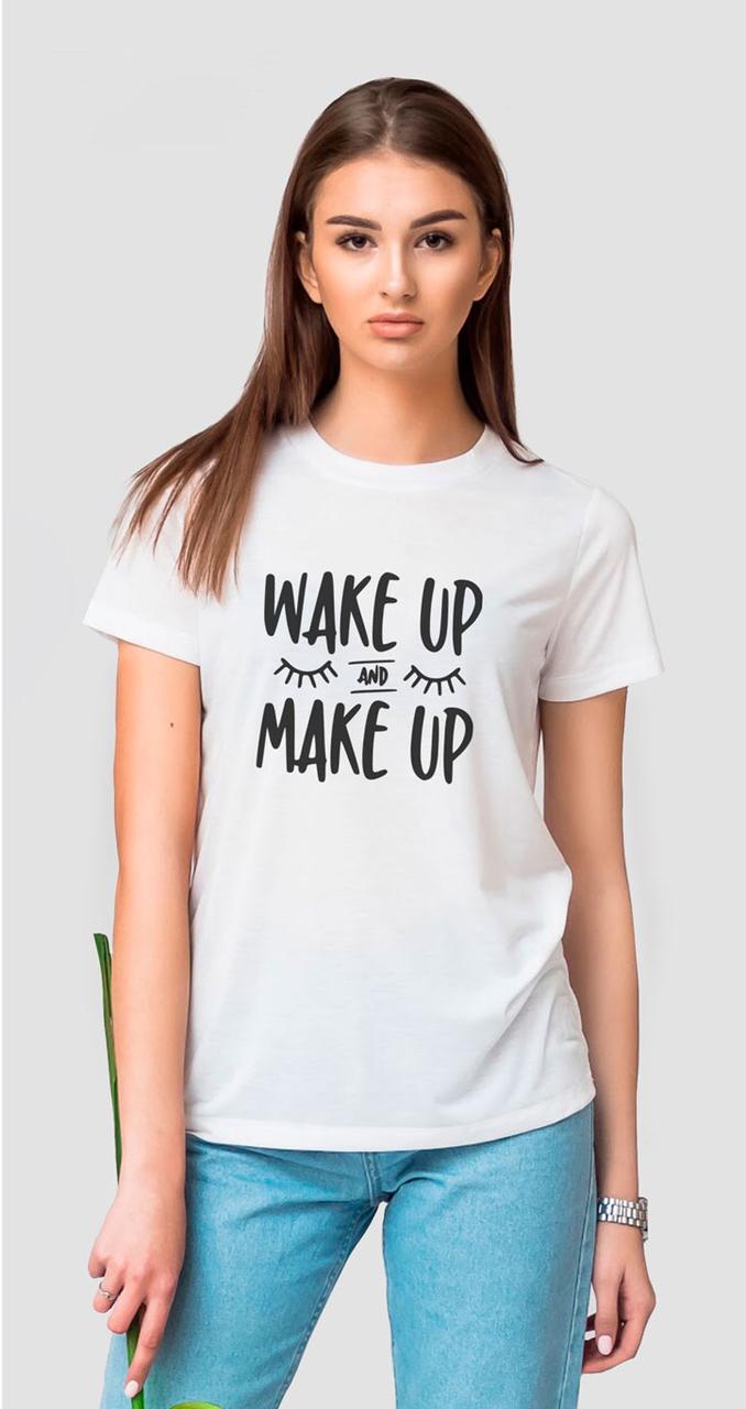 

Белая женская футболка с надписью Wake Up and Make Up XL, Белый