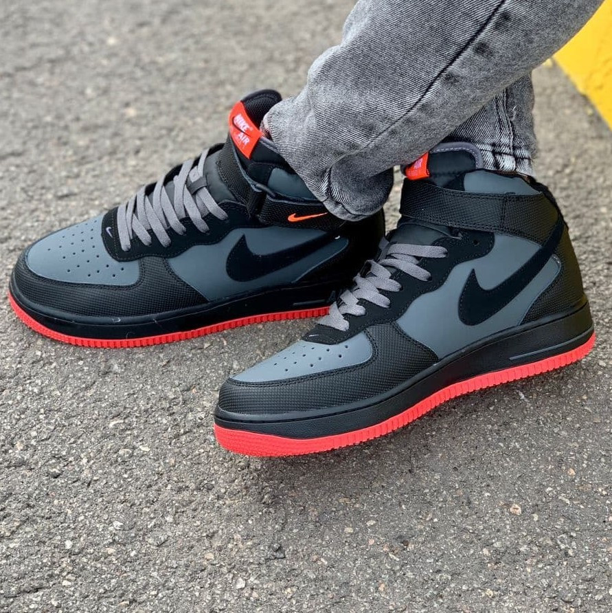 

Nike Air Force 1 Mid Grey Black Red | кроссовки мужские; черные-серые-красные; осенние / весенние, Серый