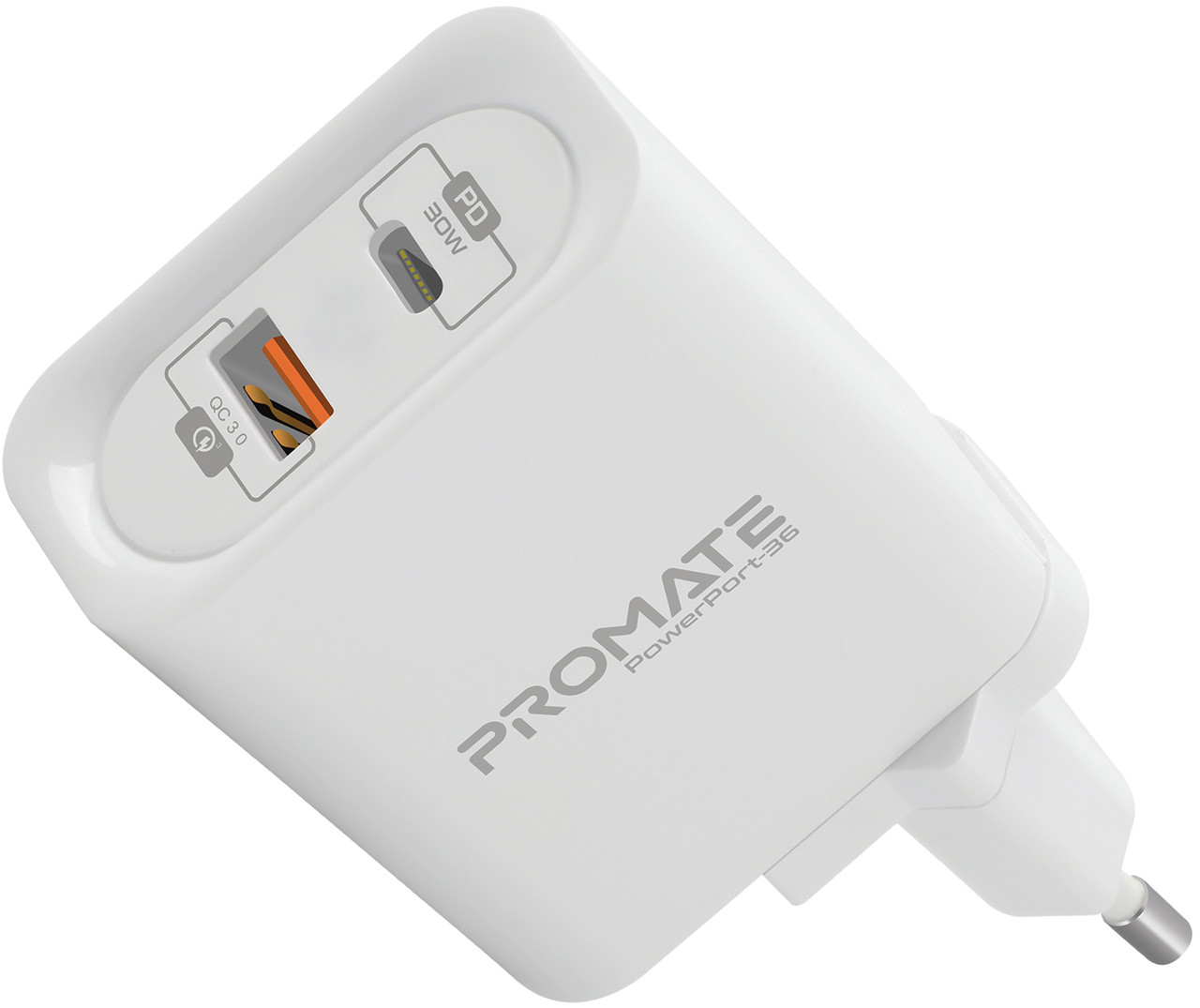 

Сетевое зарядное устройство Promate PowerPort-36 36 Вт Type-C PD + USB QC 3.0 White, Белый