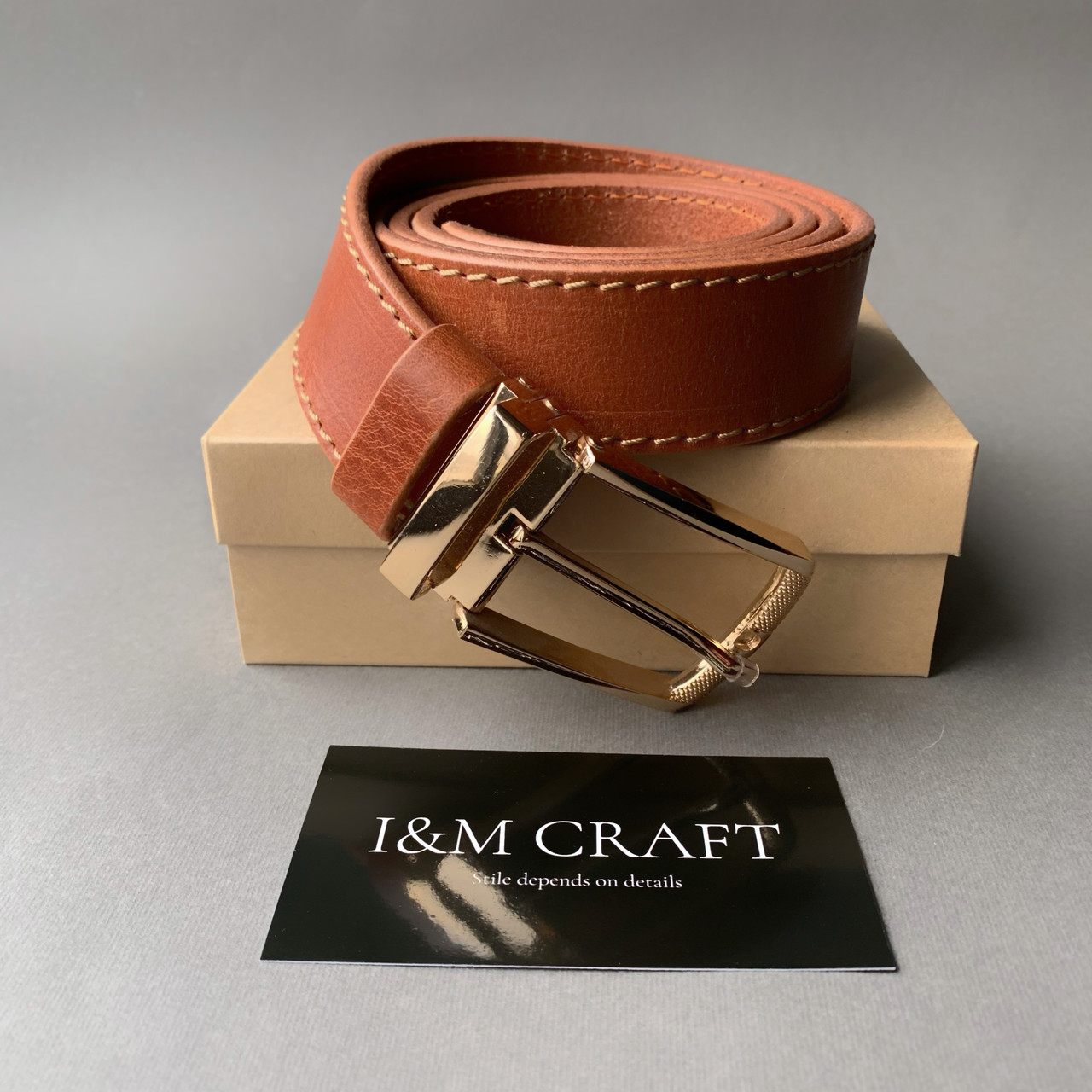 Ремень I&M Craft из натуральной кожи светло-коричневый со строчкой (R100143)