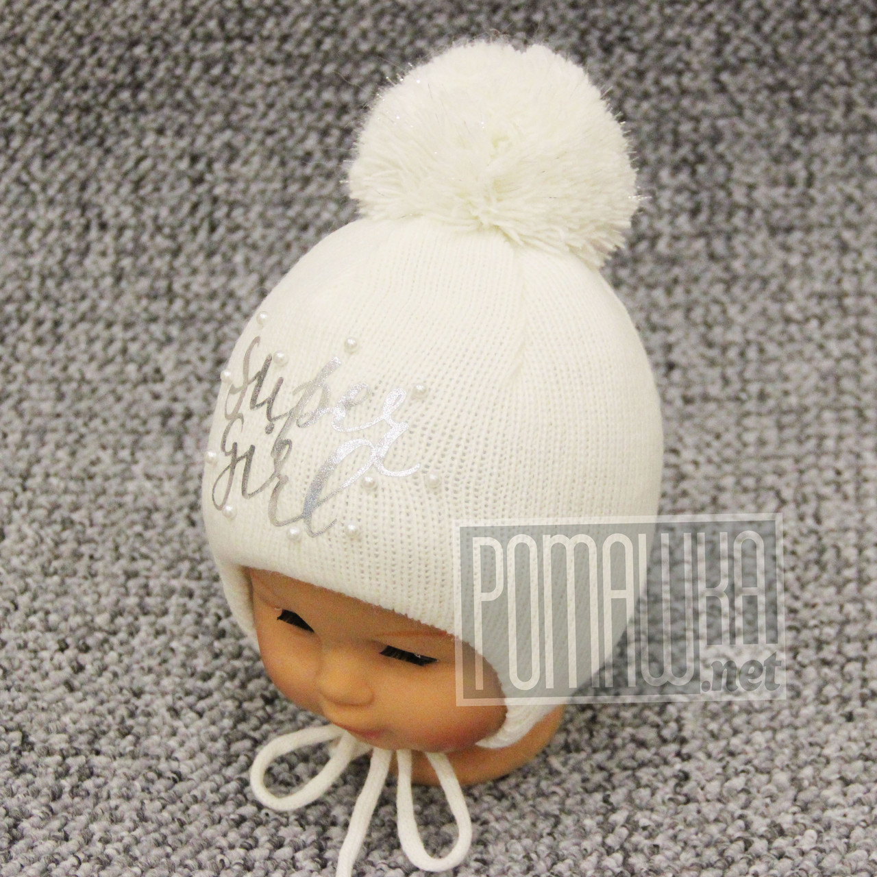 Зимова тепла термо р 38-40 1-6 міс в'язана шапочка для дівчинки новонароджених малюків зима 7070 Бежевий 38 А