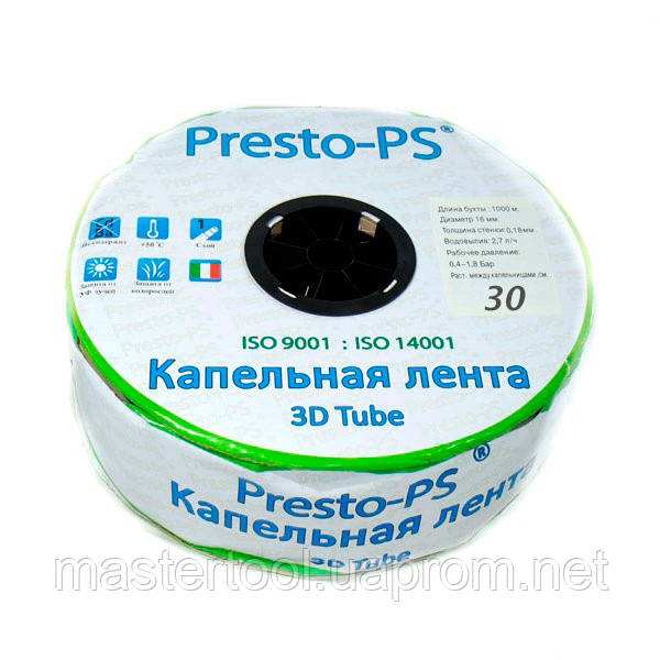 

Капельная лента Presto-PS эмиттерная 3D Tube капельницы через 30 см, расход 2.7 л/ч, длина 1000 м (3D-30-1000)