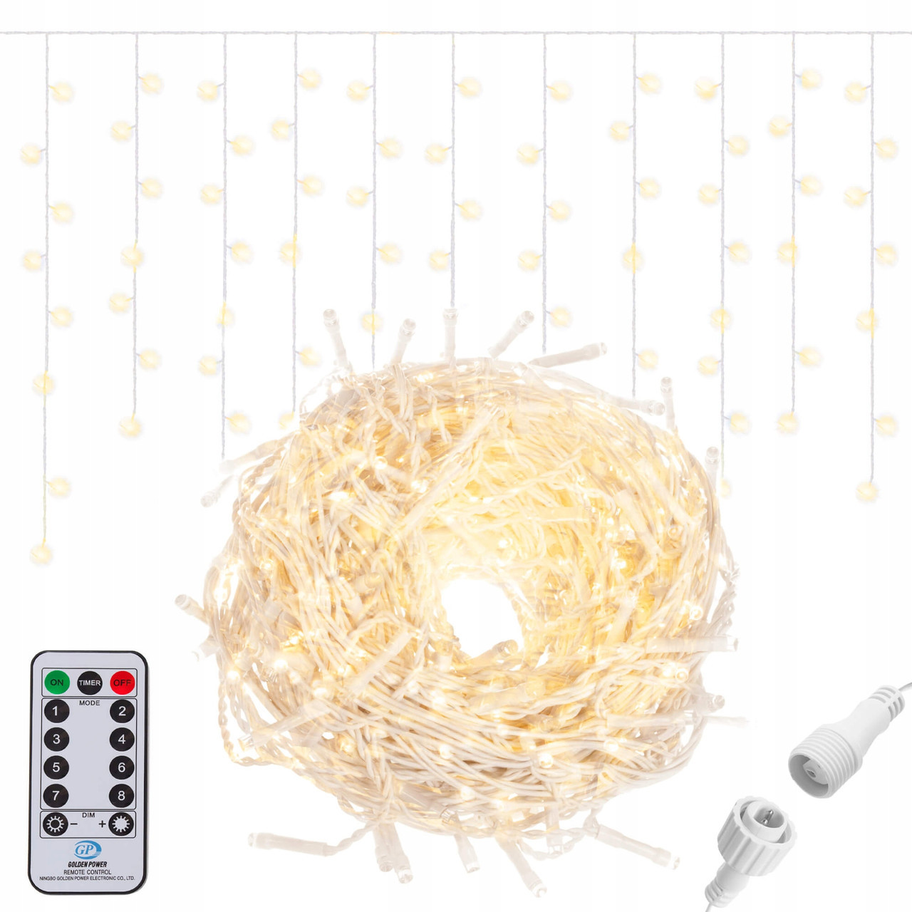 Новогодняя гирлянда Бахрома 300 LED, Теплый белый цвет, 14,5 м + пульт