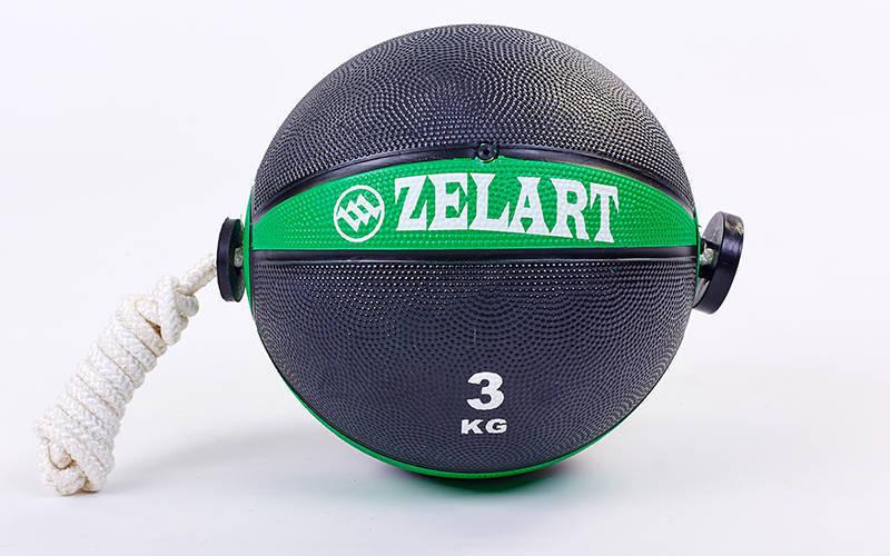 

Мяч медицинский медбол с веревкой Zelart Medicine Ball FI-5709-3 3кг (резина, d-21,6см, черный-зеленый)