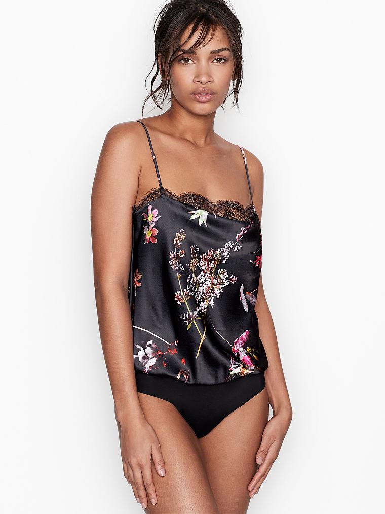 

Атласное боди Victoria's Secret Satin Cowl-neck Bodysuit, Черный с цветами