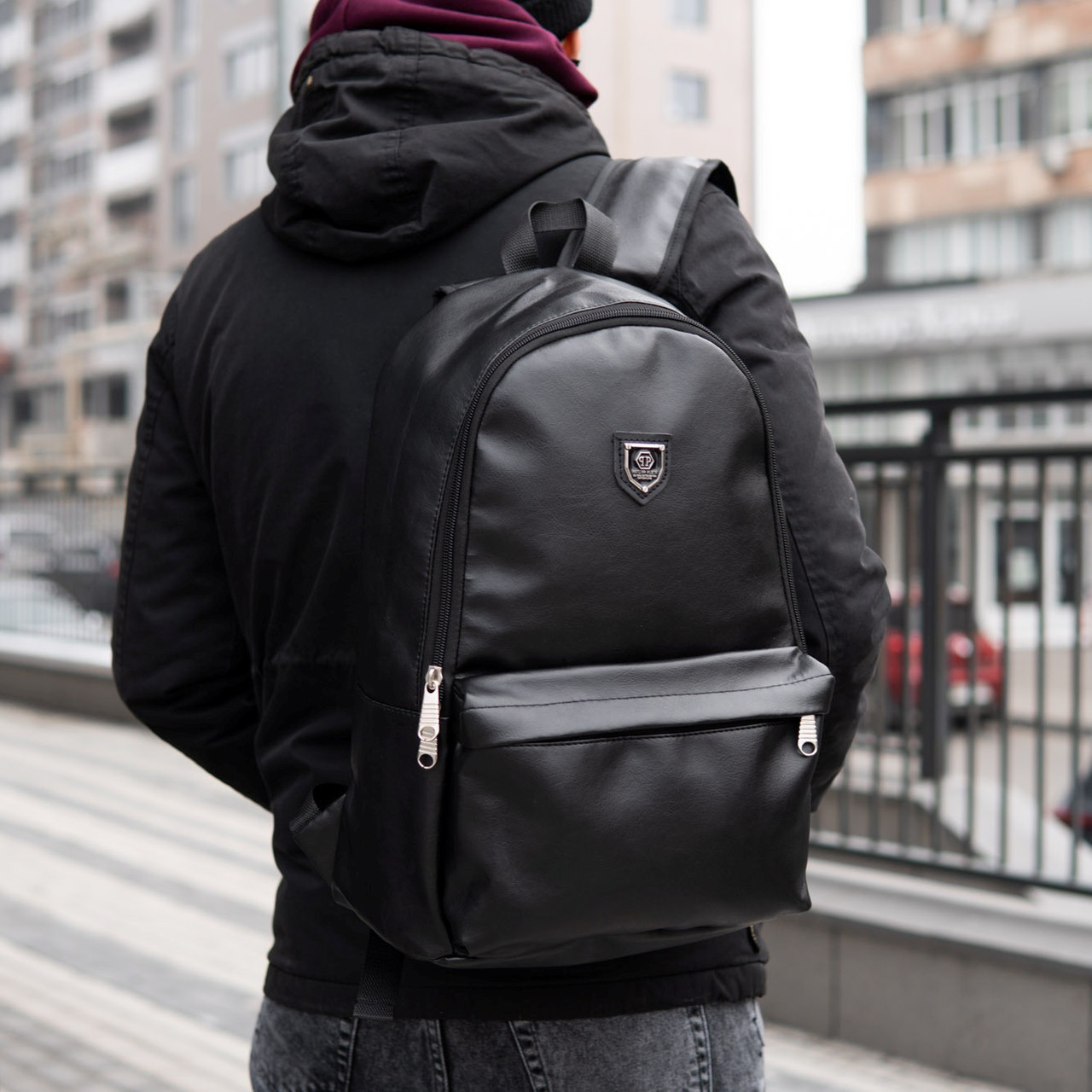 Чоловічий міський шкіряний рюкзак PP LT-2 metal чорний з екошкіри