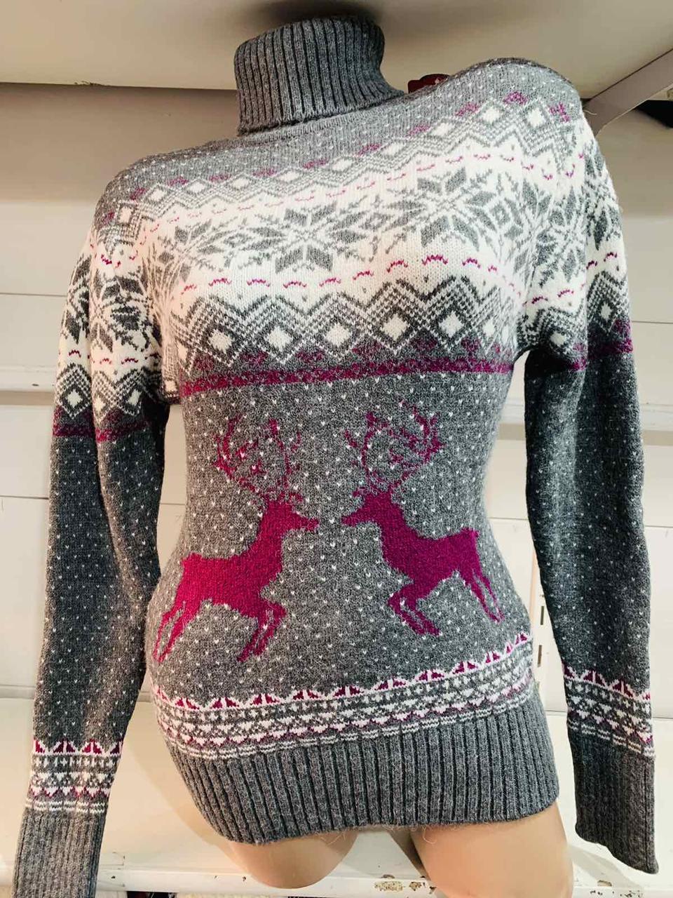 Женский новогодний свитер, вязаный свитер с оленями Серый