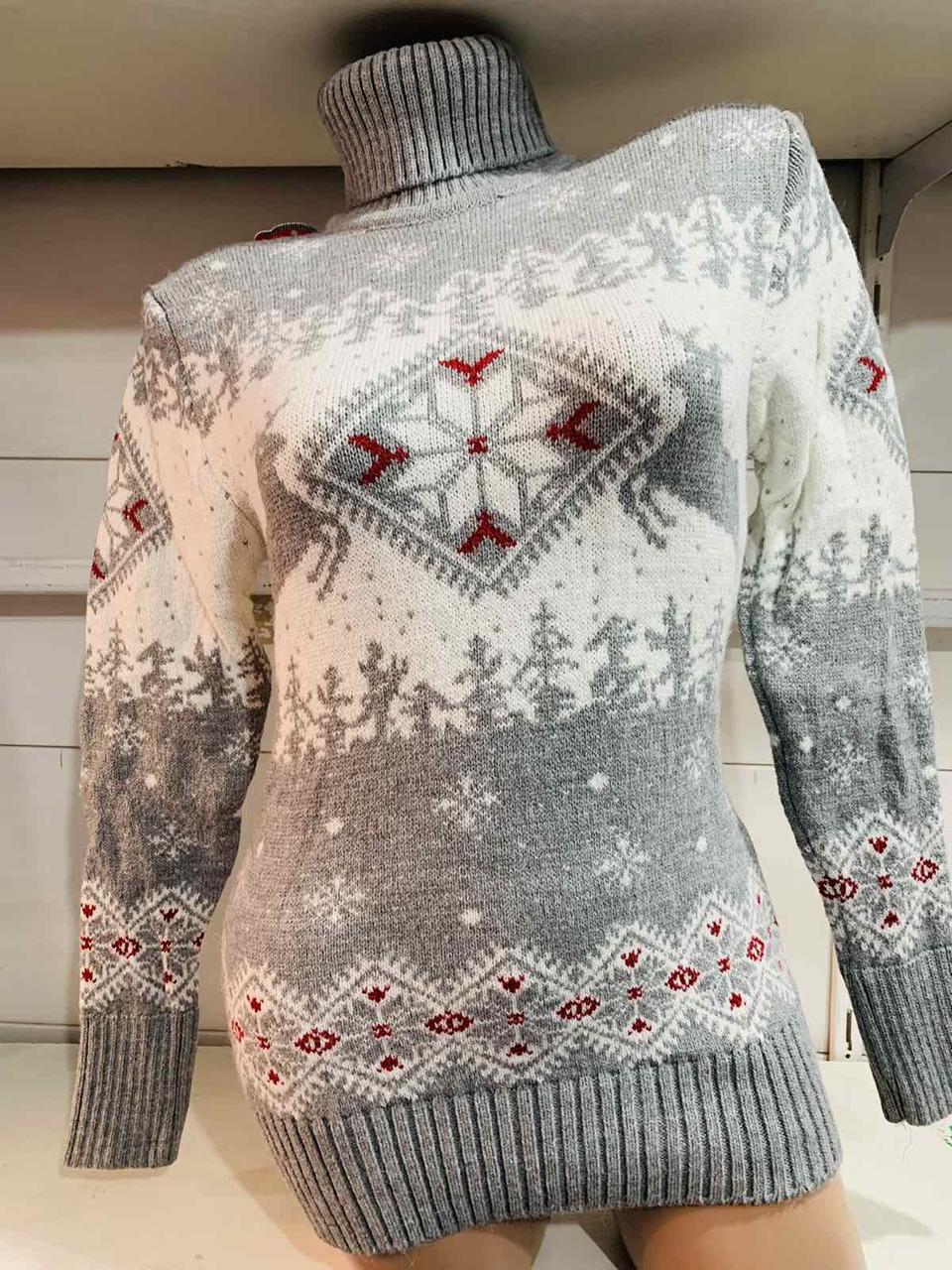 Вязаный свитер с оленями, Женский новогодний свитер Серый