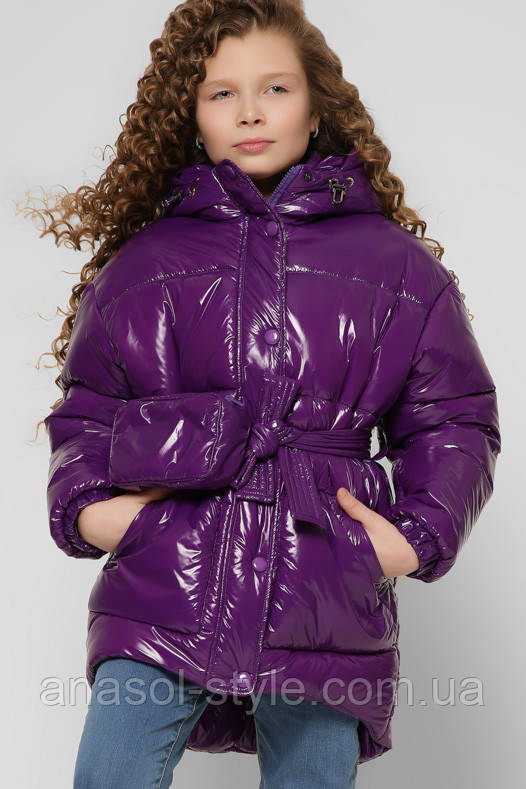 Лакова зимова куртка для дівчаток з поясною сумкою Snapshot фіолетова DT-8300-19