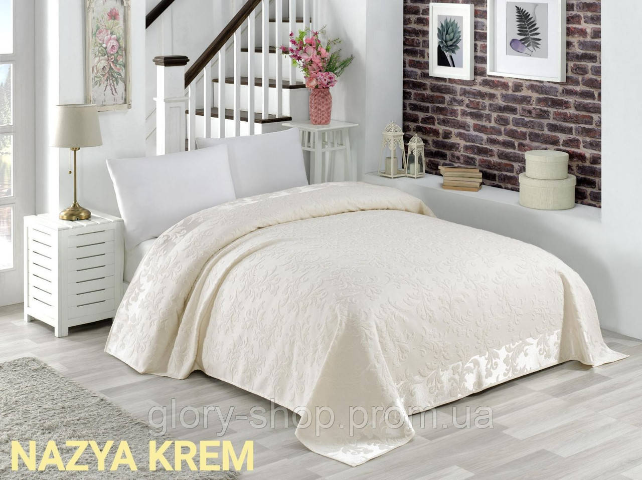 

Махровая хлопковая жаккардовая простынь Zeron 150х220  Nazya Krem Кремовый